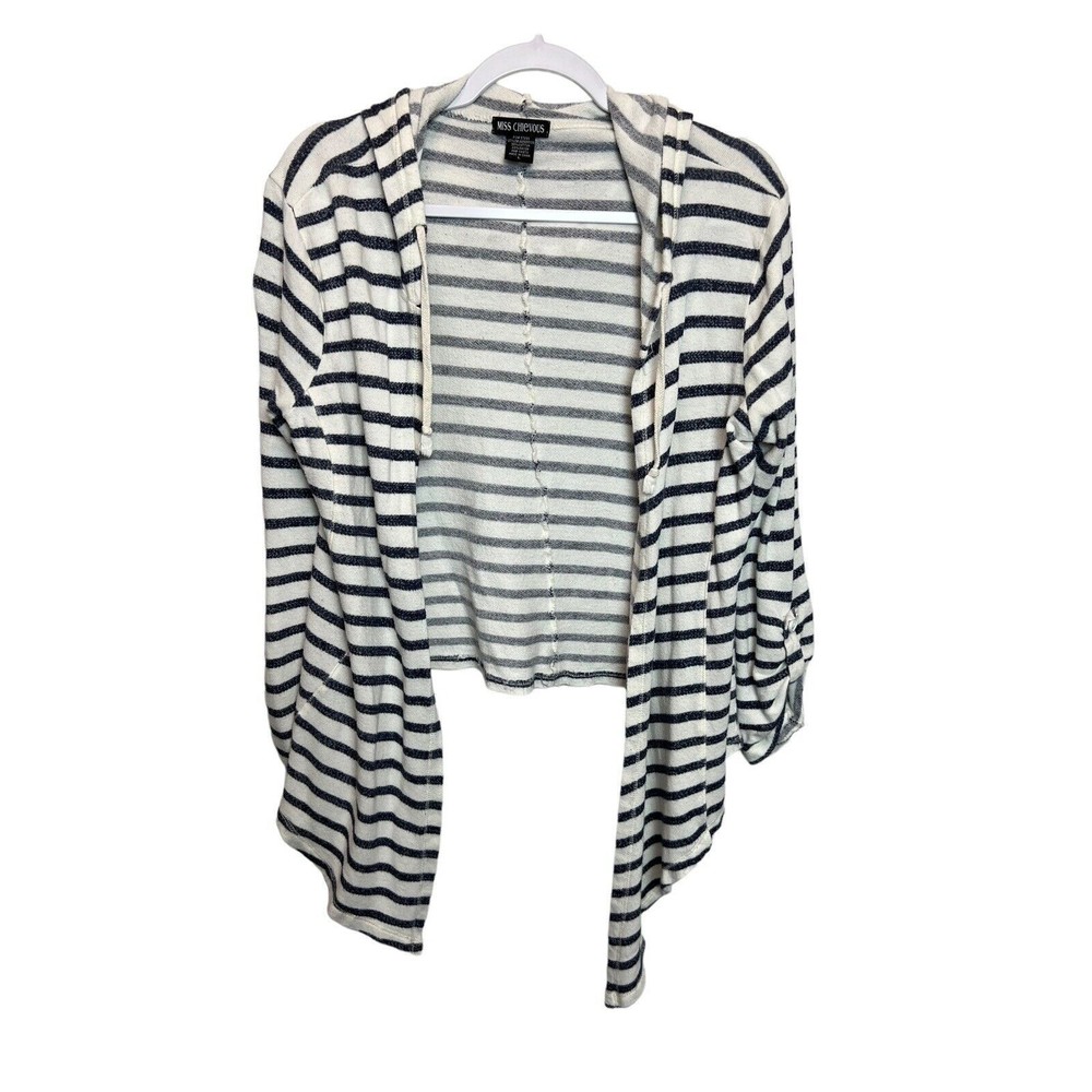 Miss Chievous Open Front Knit Cardigan Blue White Stripes Hood Size L